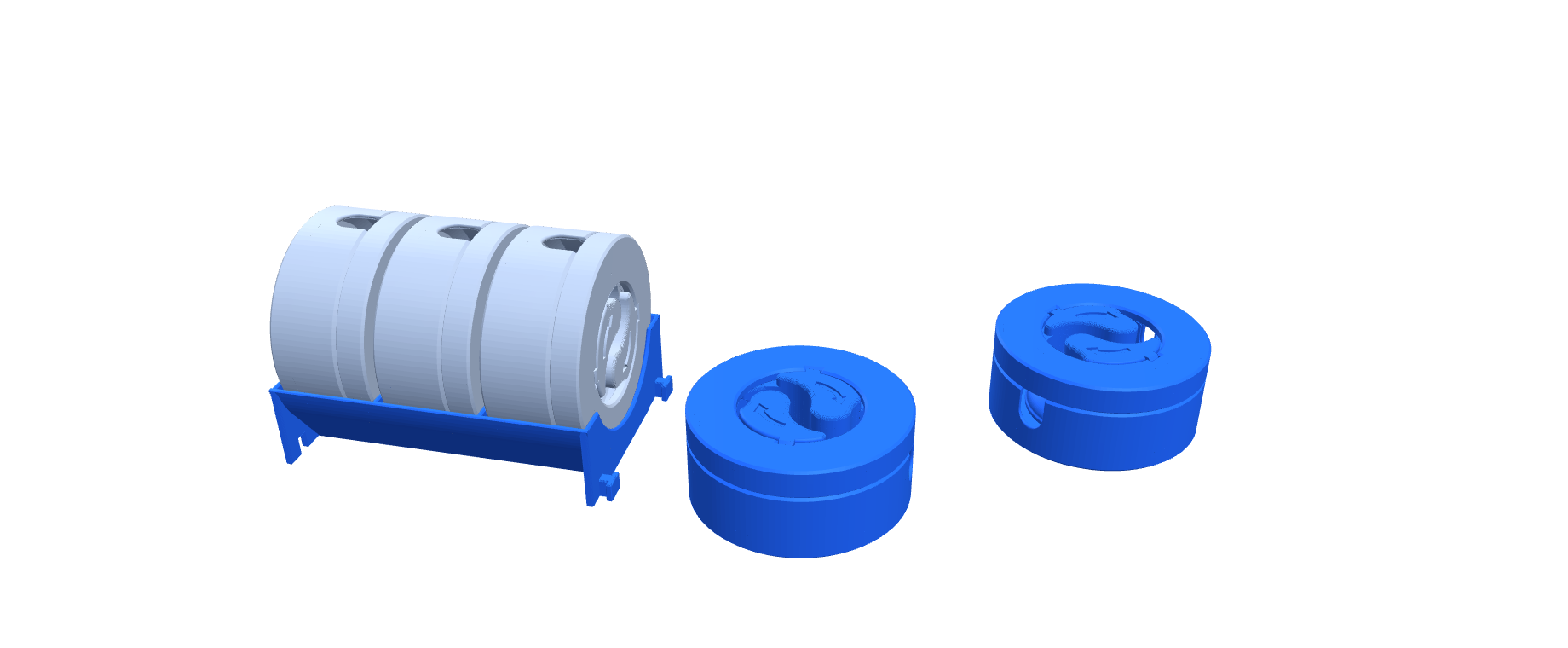 A trough holding three cable winders on edge, beside two more winders, all in blue.